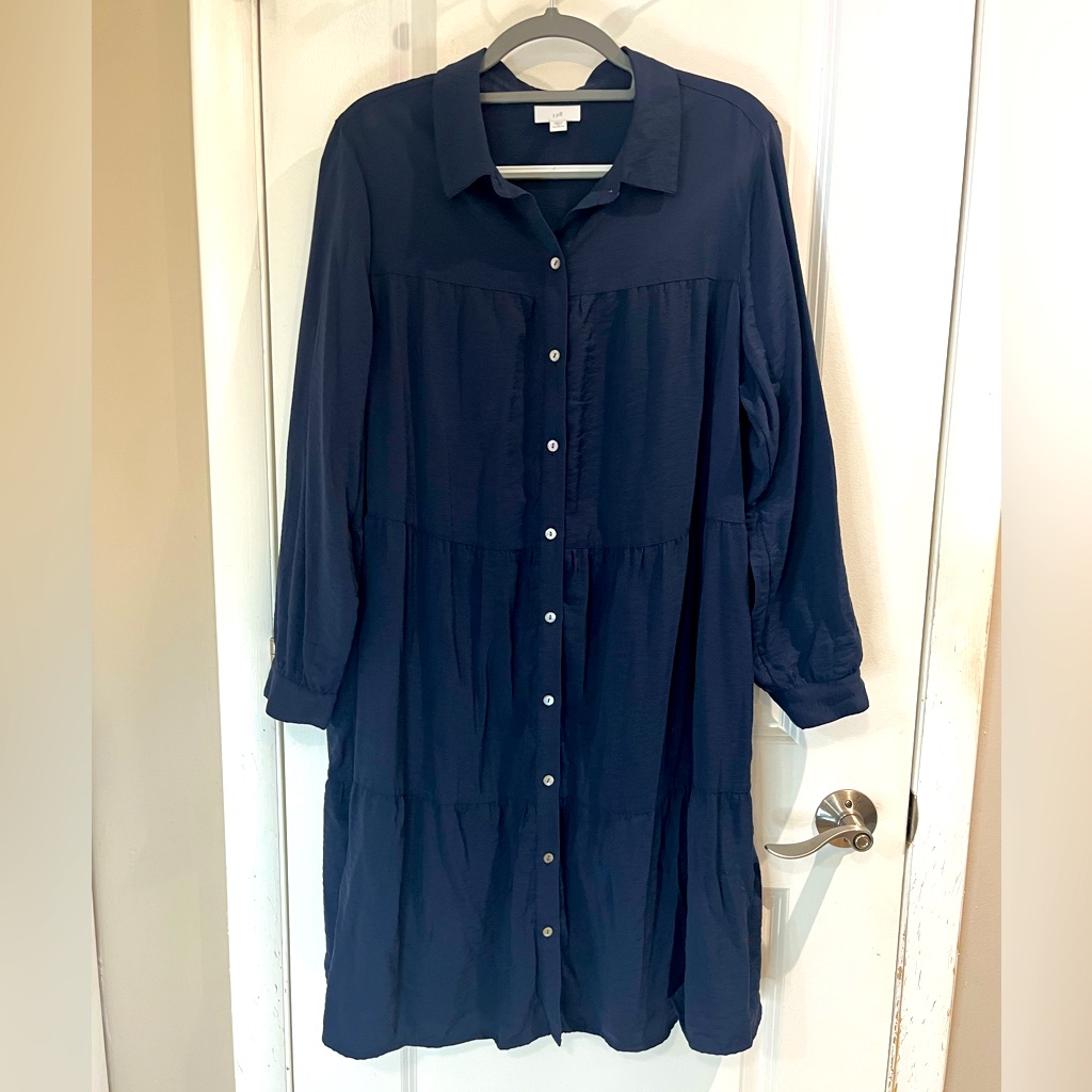J. Jill Long Sleeve Tiered Shirtdress Button Front Viscose Knee Length Navy 1x